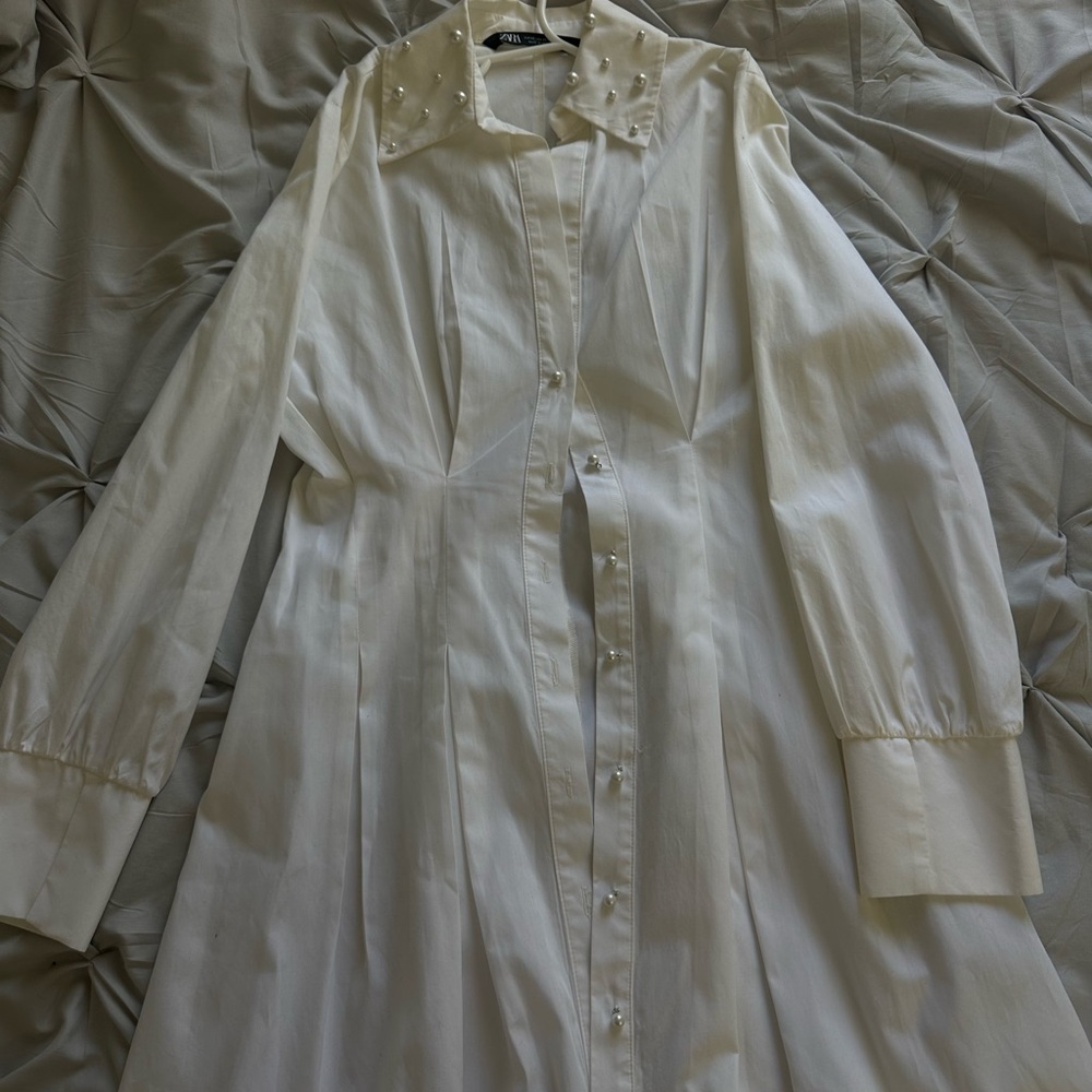 Zara White pearl button up dress with pearl embellishments #pearl #embellished